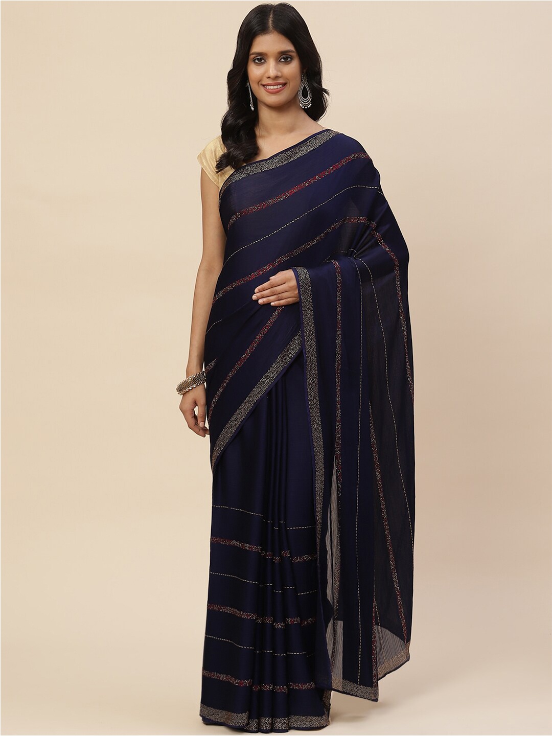 

Meena Bazaar Women Navy Blue & Red Embellished Beads and Stones Saree