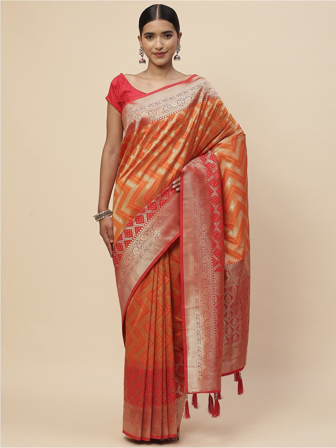 

Meena Bazaar Women Orange & Red Zari Art Silk Saree