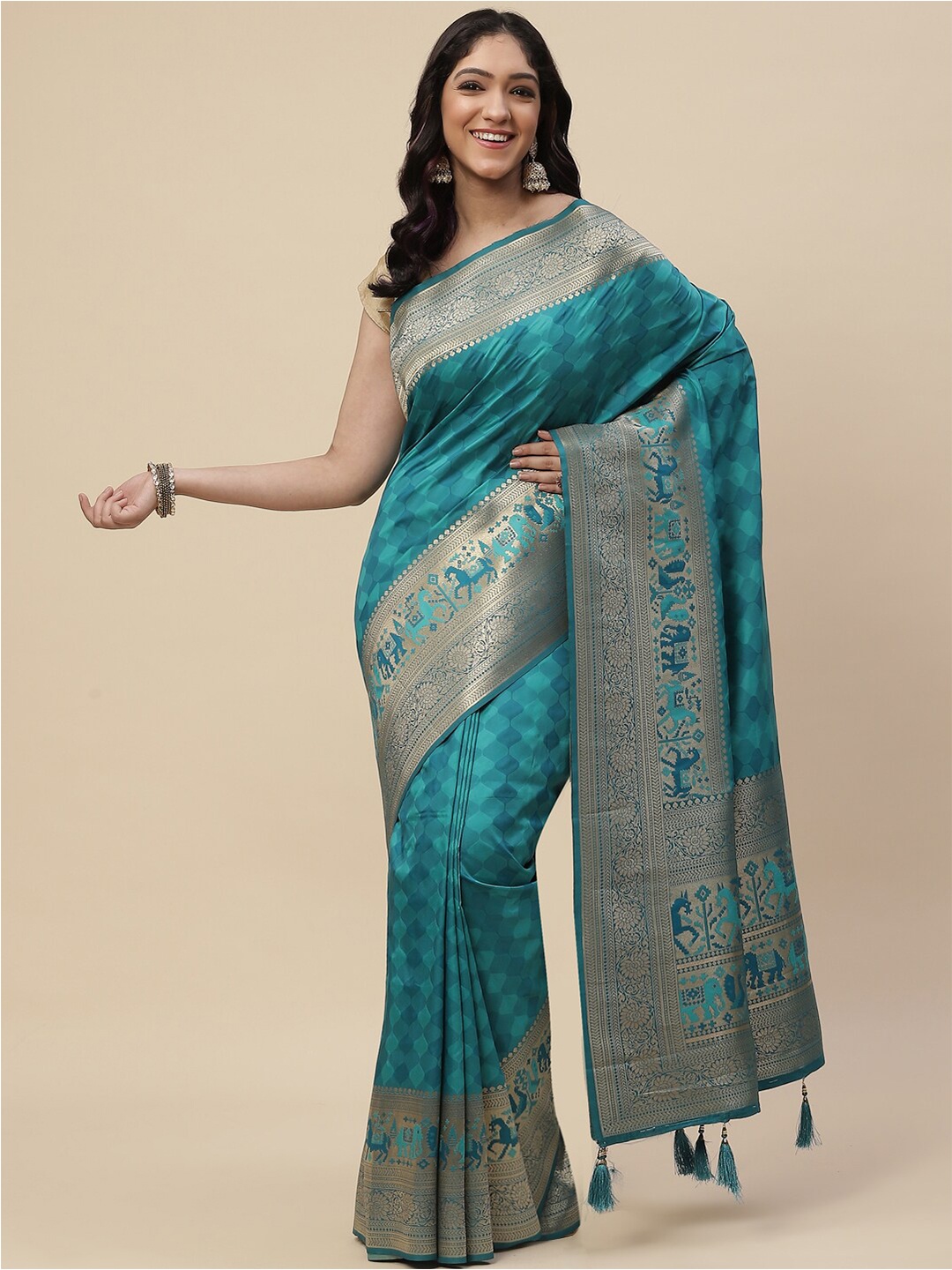 

Meena Bazaar Women Blue & Gold-Toned Woven Design Zari Art Silk Saree