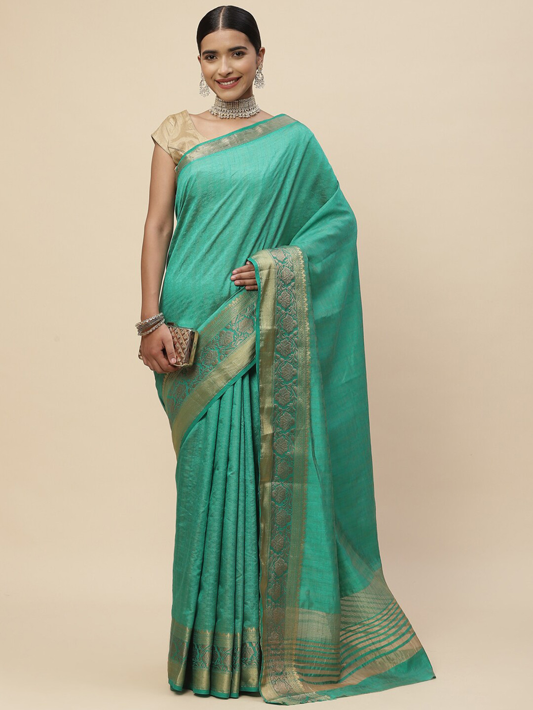 

Meena Bazaar Women Green & Gold-Toned Zari Art Silk Saree
