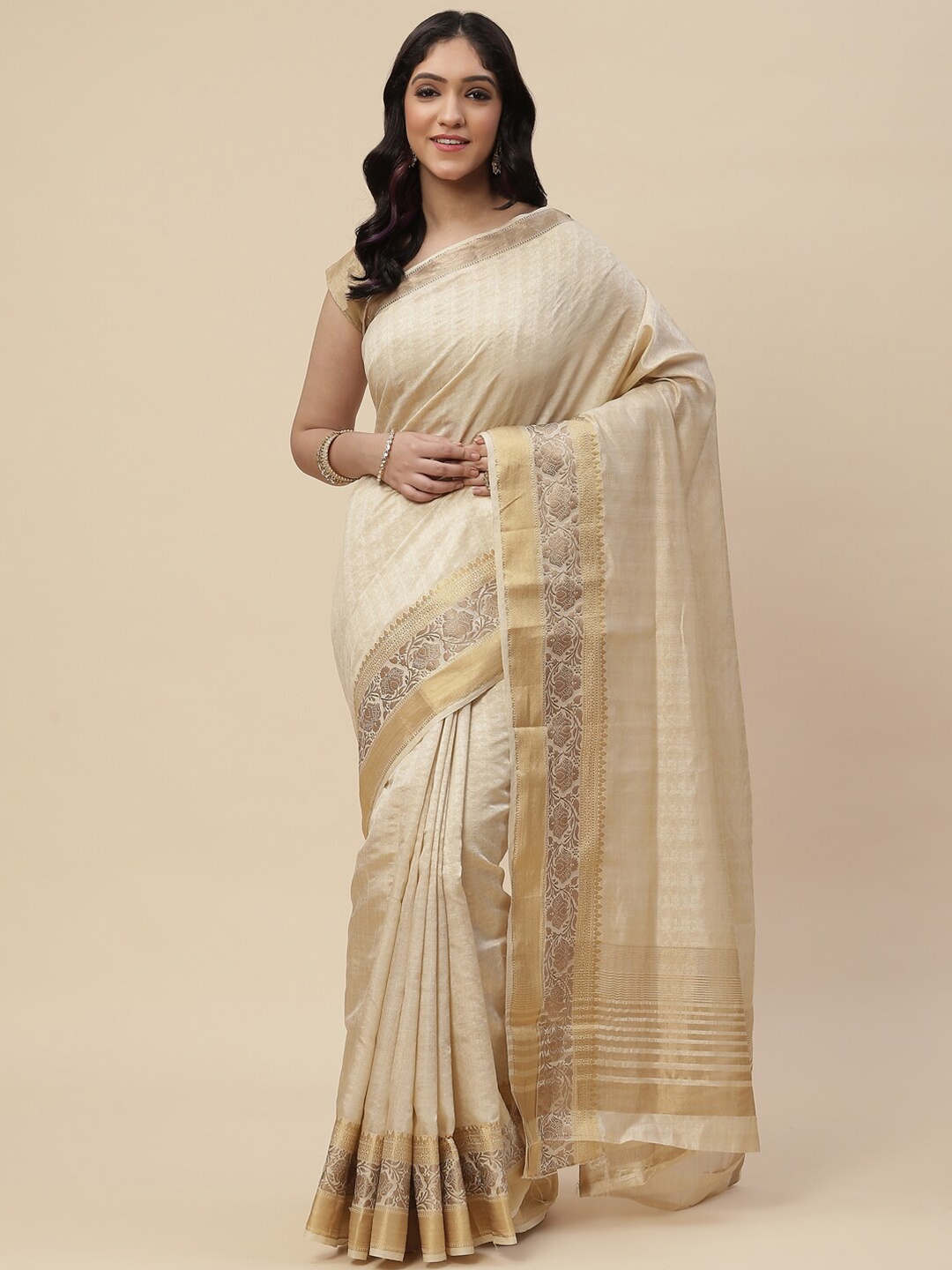 

Meena Bazaar Women Beige & Gold-Toned Zari Art Silk Saree