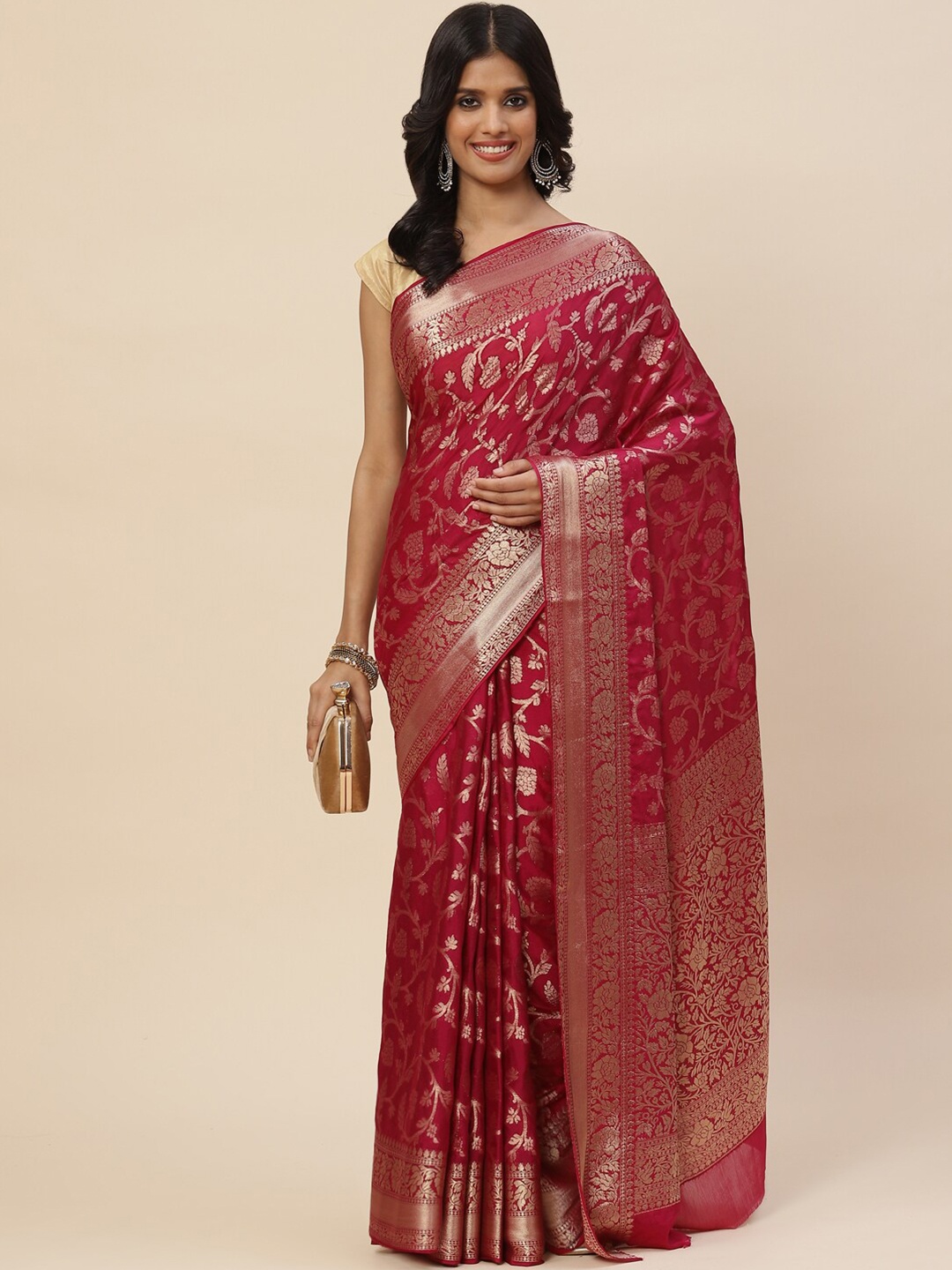 

Meena Bazaar Women Red & Gold-Toned Floral Zari Saree