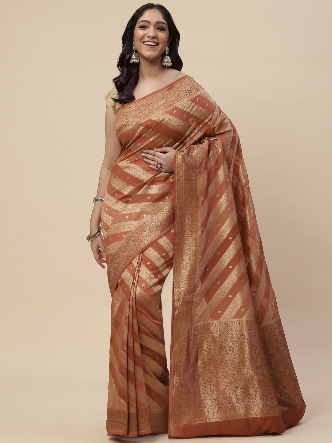 

Meena Bazaar Women Brown & Gold-Toned Woven Design Zari Pure Cotton Saree