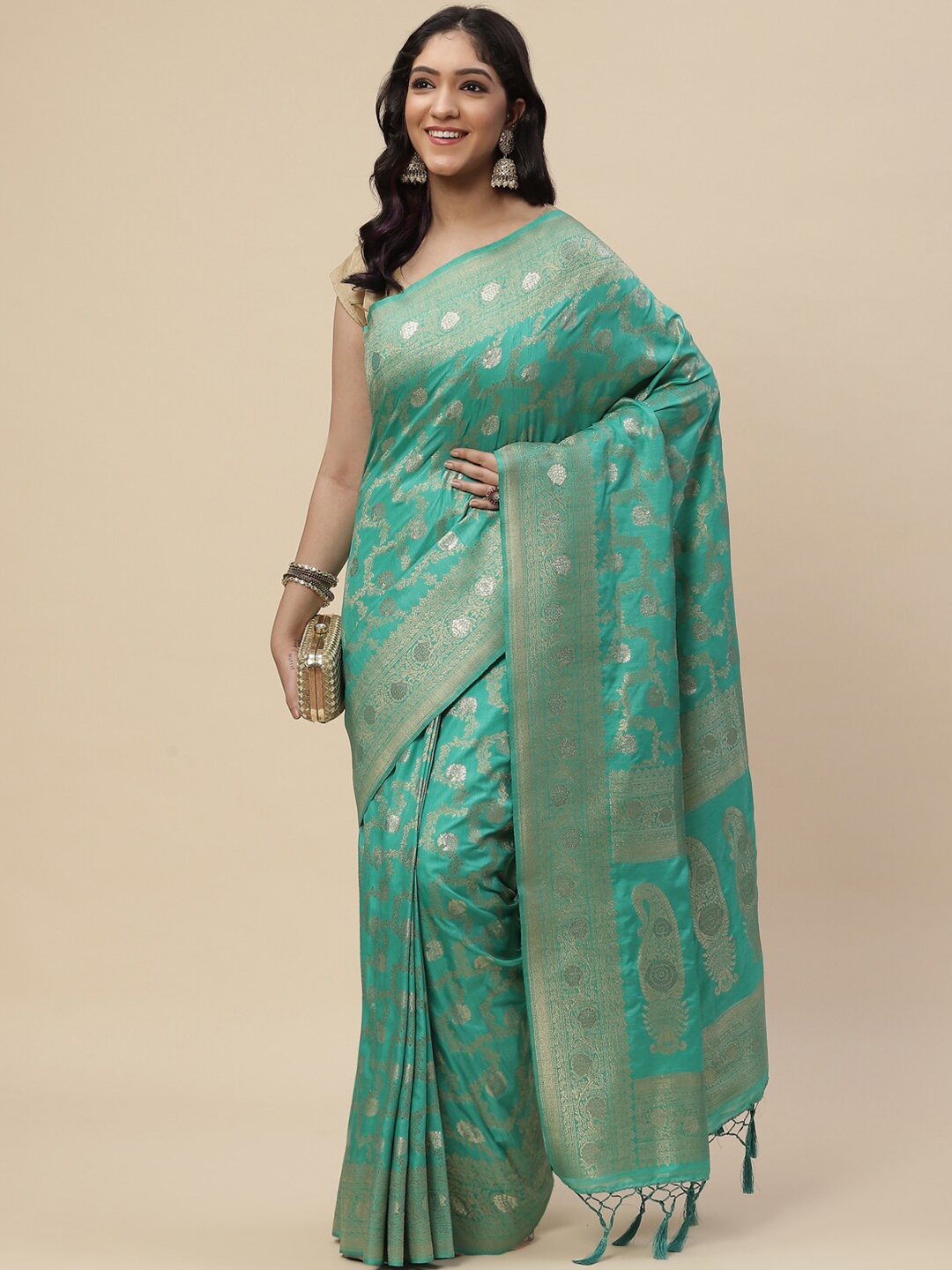 

Meena Bazaar Women Sea Green & Silver-Toned Woven Design Zari Art Silk Saree