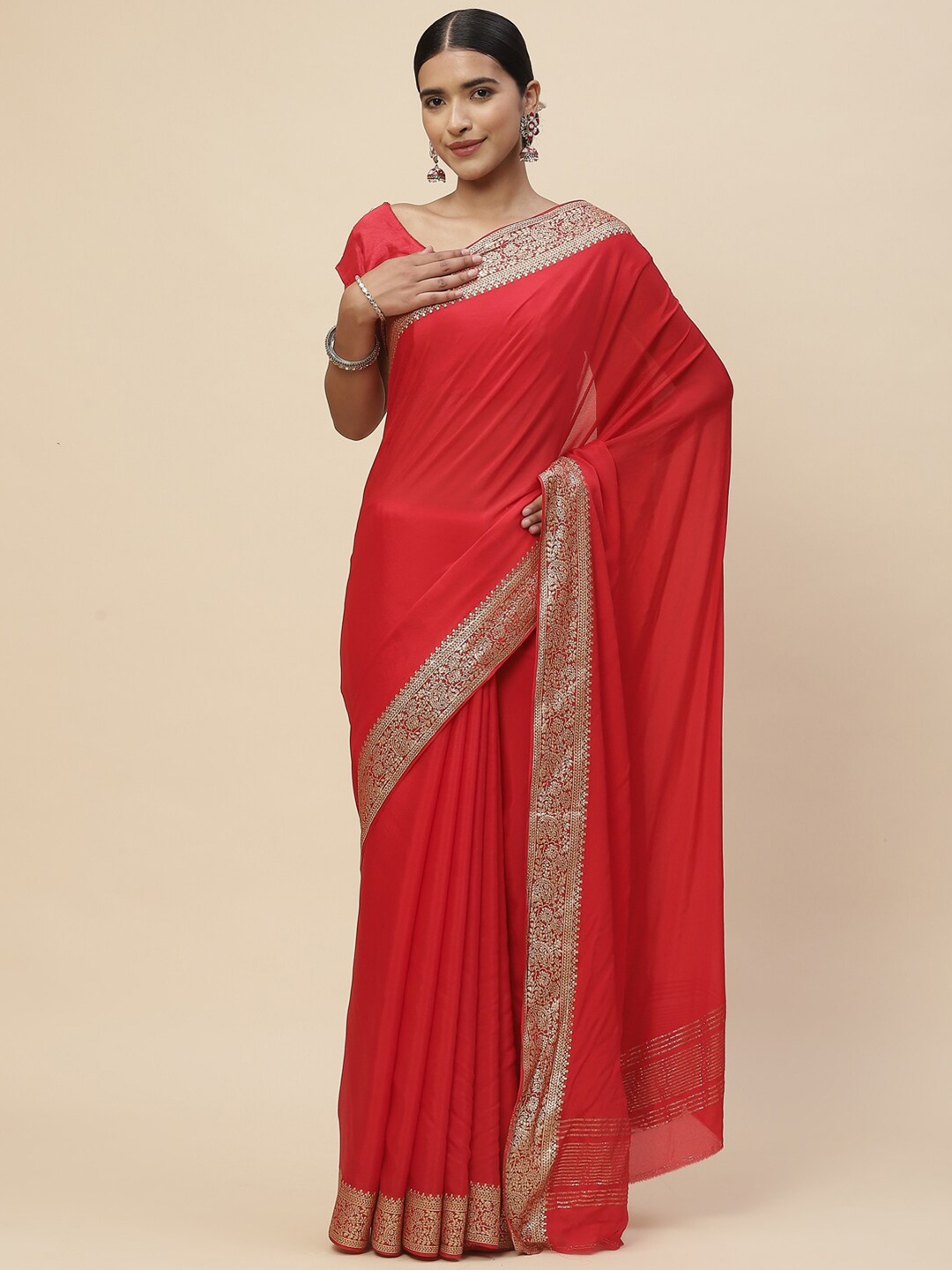 

Meena Bazaar Women Red & Gold-Toned Zari Saree