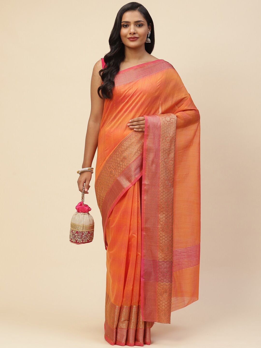 

Meena Bazaar Women Orange & Gold-Toned Woven Design Zari Pure Cotton Saree