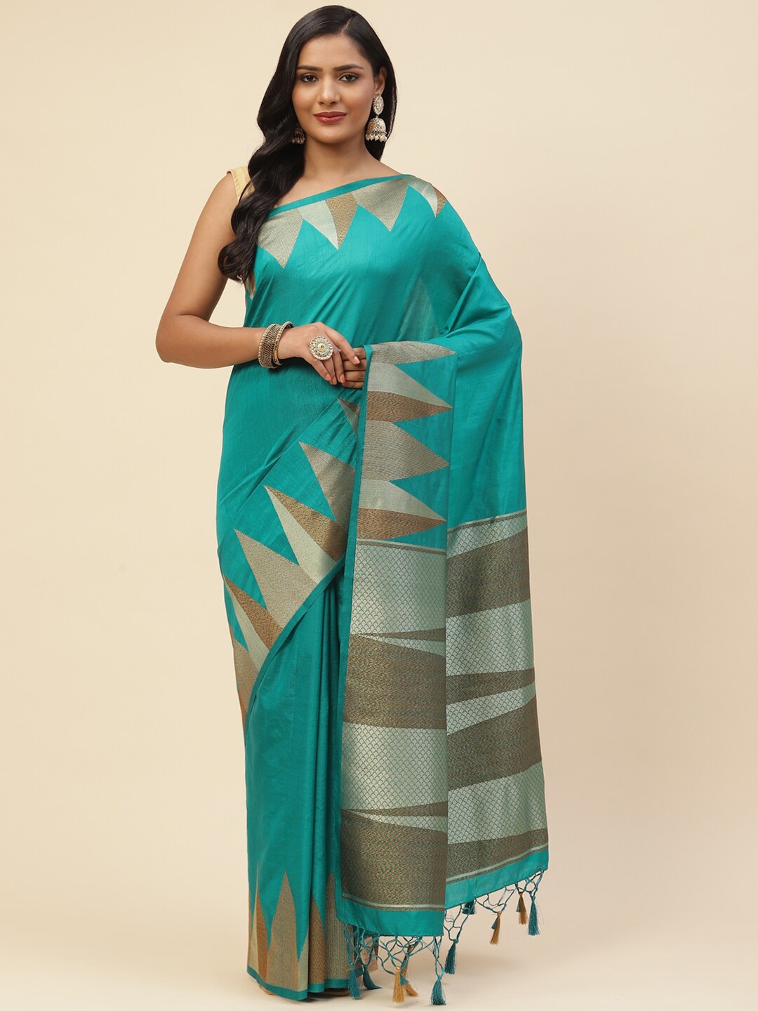 

Meena Bazaar Women Turquoise Blue & Silver-Toned Woven Design Zari Art Silk Saree