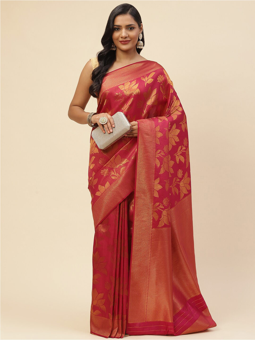 

Meena Bazaar Women Magenta & Gold-Toned Woven Design Zari Art Silk Saree