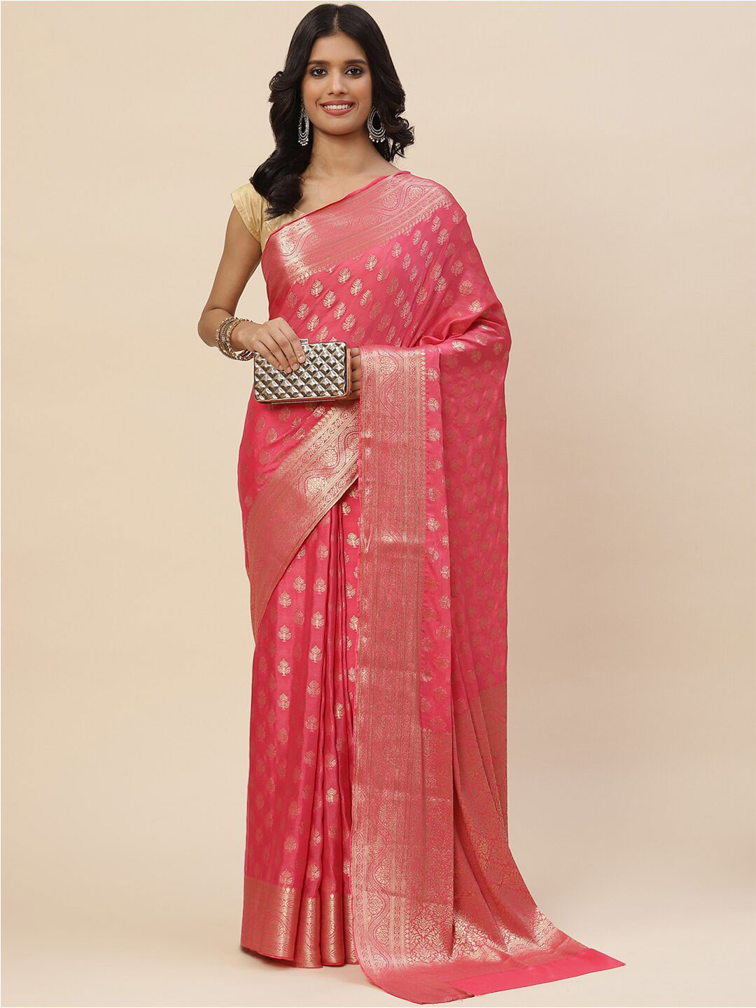 

Meena Bazaar Women Pink & Gold-Toned Floral Zari Saree