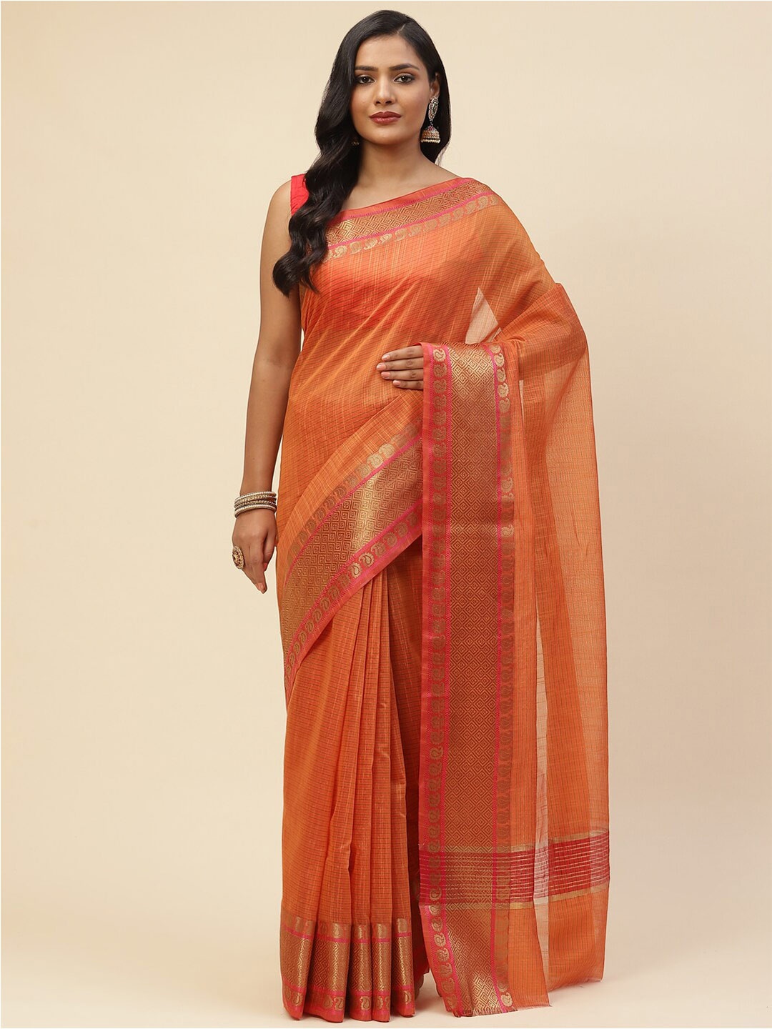 

Meena Bazaar Women Orange & Gold-Toned Woven Design Zari Pure Cotton Saree