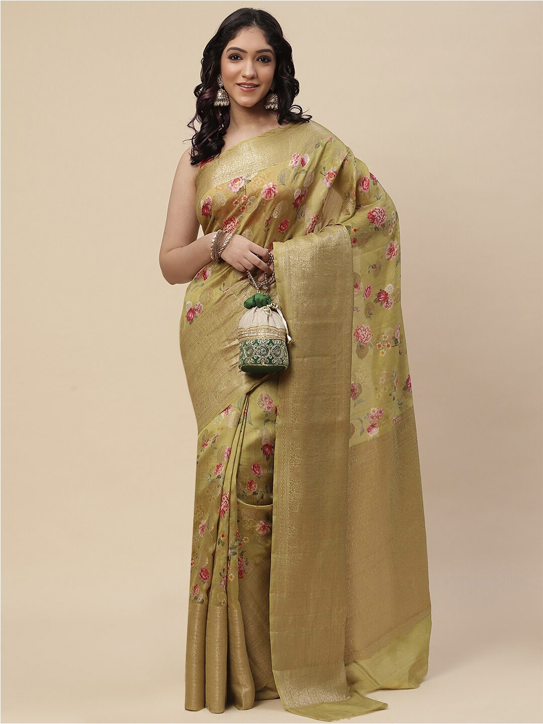 

Meena Bazaar Women Gold-Toned & Pink Floral Zari Art Silk Saree