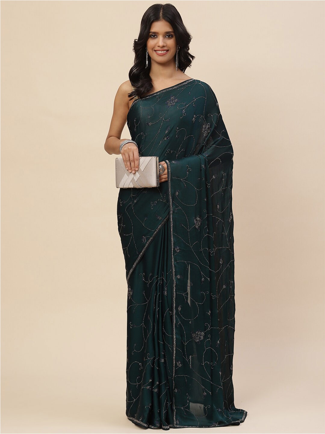 

Meena Bazaar Women Teal & Black Floral Sequinned Saree