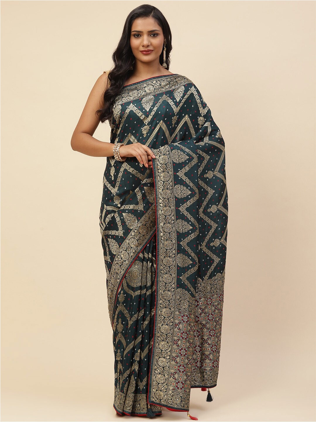 

Meena Bazaar Women Green & Gold-Toned Floral Embroidered Art Silk Banarasi Saree