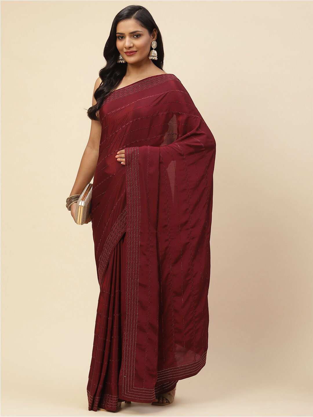 

Meena Bazaar Women Burgundy Floral Embroidered Saree