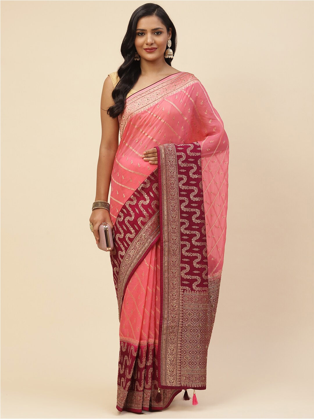 

Meena Bazaar Women Pink & Maroon Floral Zari Organza Saree