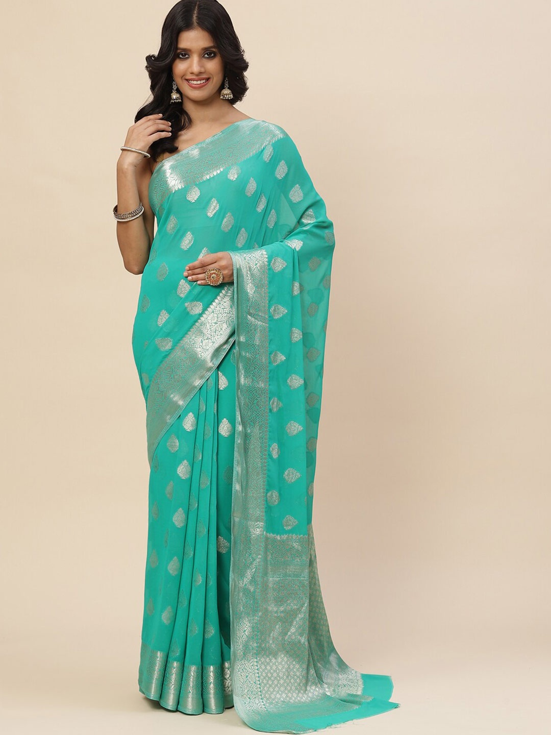 

Meena Bazaar Women Sea Green & Silver-Toned Floral Zari Saree