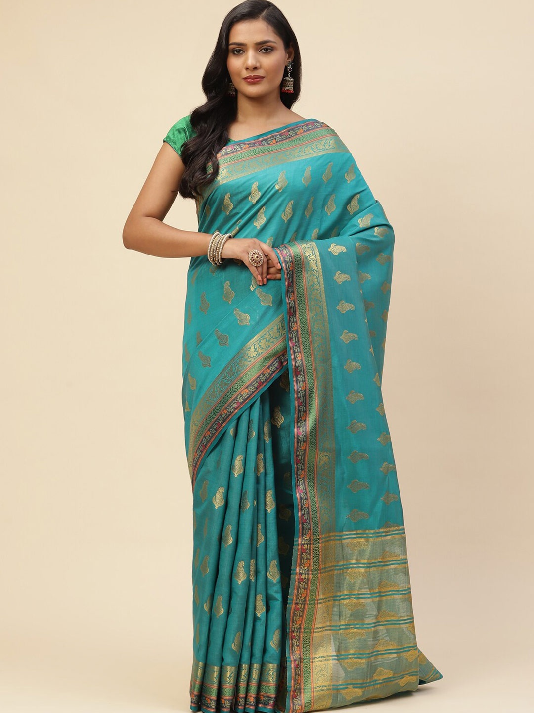 

Meena Bazaar Women Teal & Gold-Toned Floral Zari Art Silk Saree