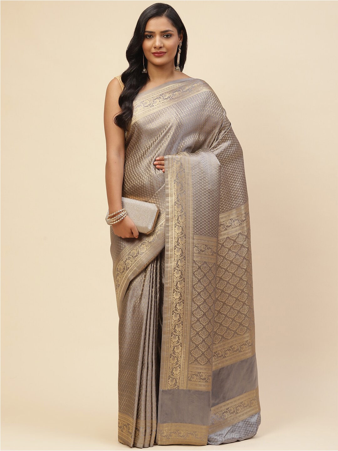 

Meena Bazaar Grey & Gold-Toned Woven Design Zari Satin Saree