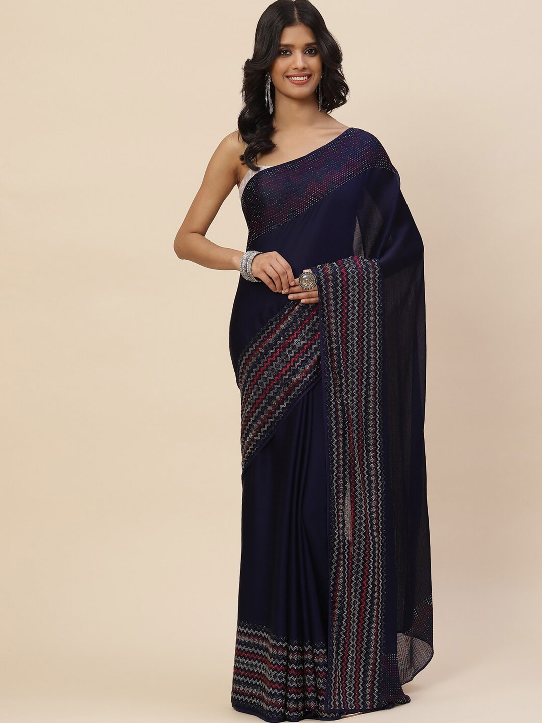 

Meena Bazaar Navy Blue & Red Embellished Saree