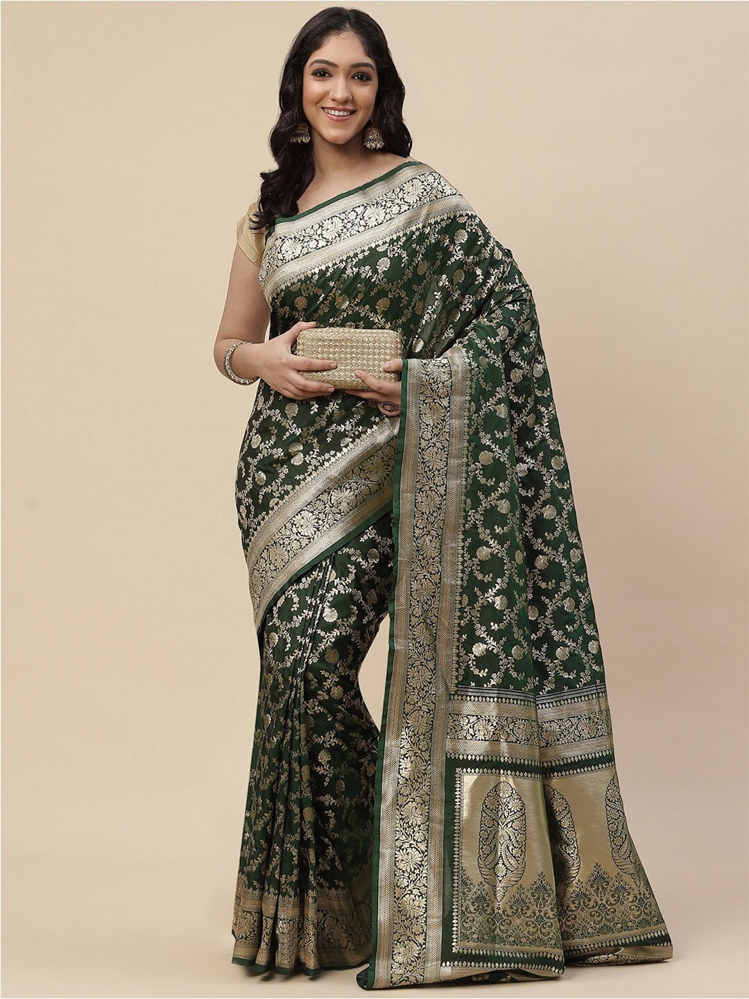 

Meena Bazaar Green & Gold-Toned Woven Design Zari Art Silk Banarasi Saree
