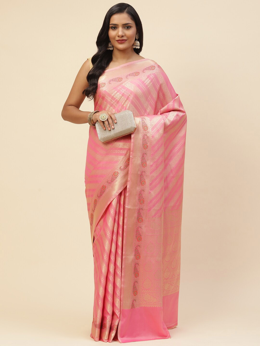

Meena Bazaar Pink & Gold-Toned Woven Design Zari Pure Cotton Saree