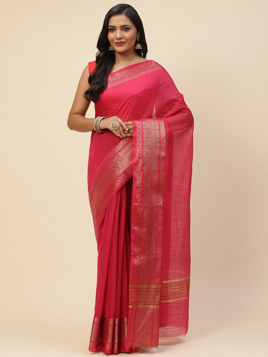 

Meena Bazaar Pink & Gold-Toned Woven Design Zari Pure Cotton Saree