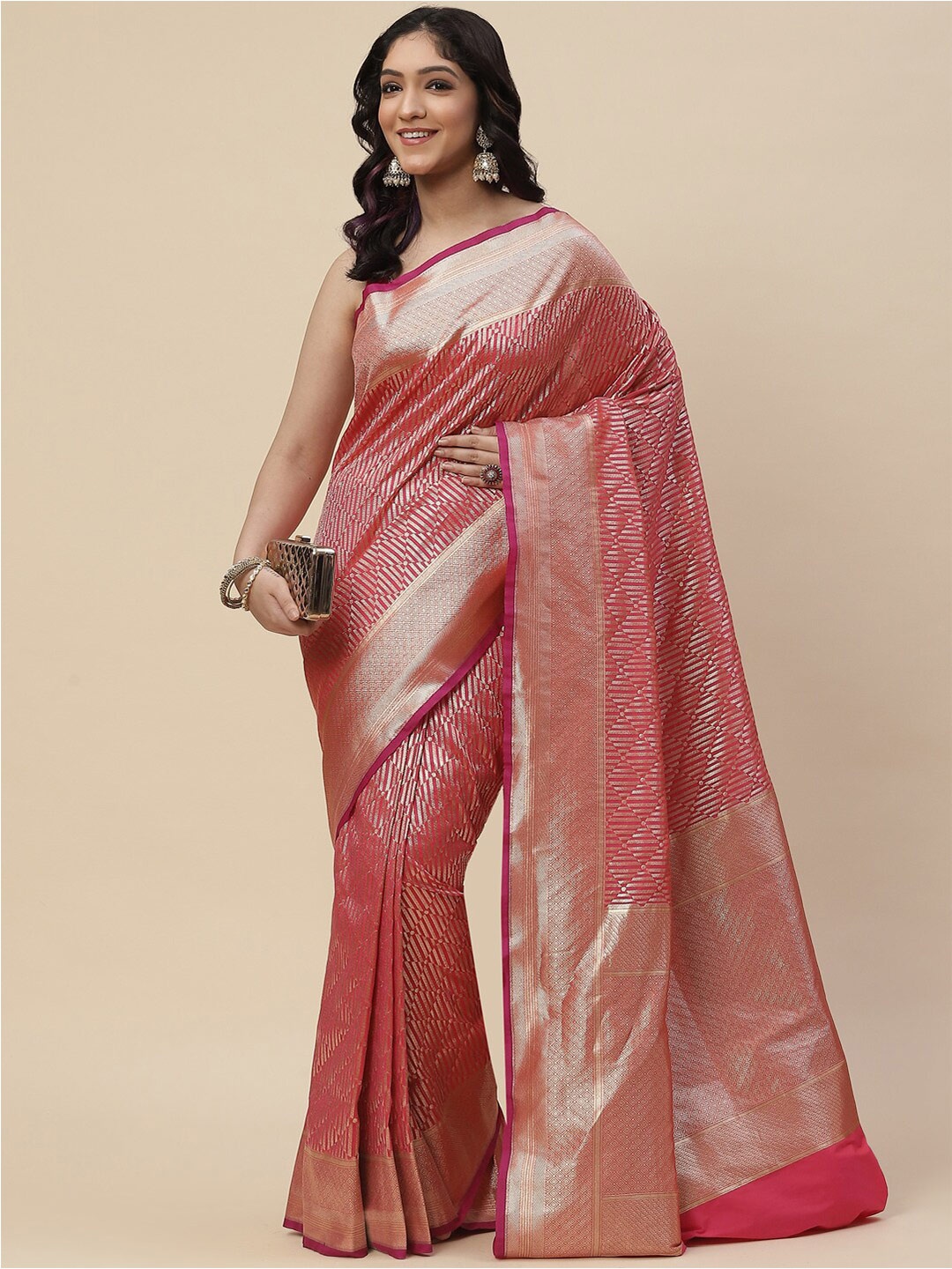 

Meena Bazaar Pink & Gold-Toned Woven Design Zari Art Silk Banarasi Saree