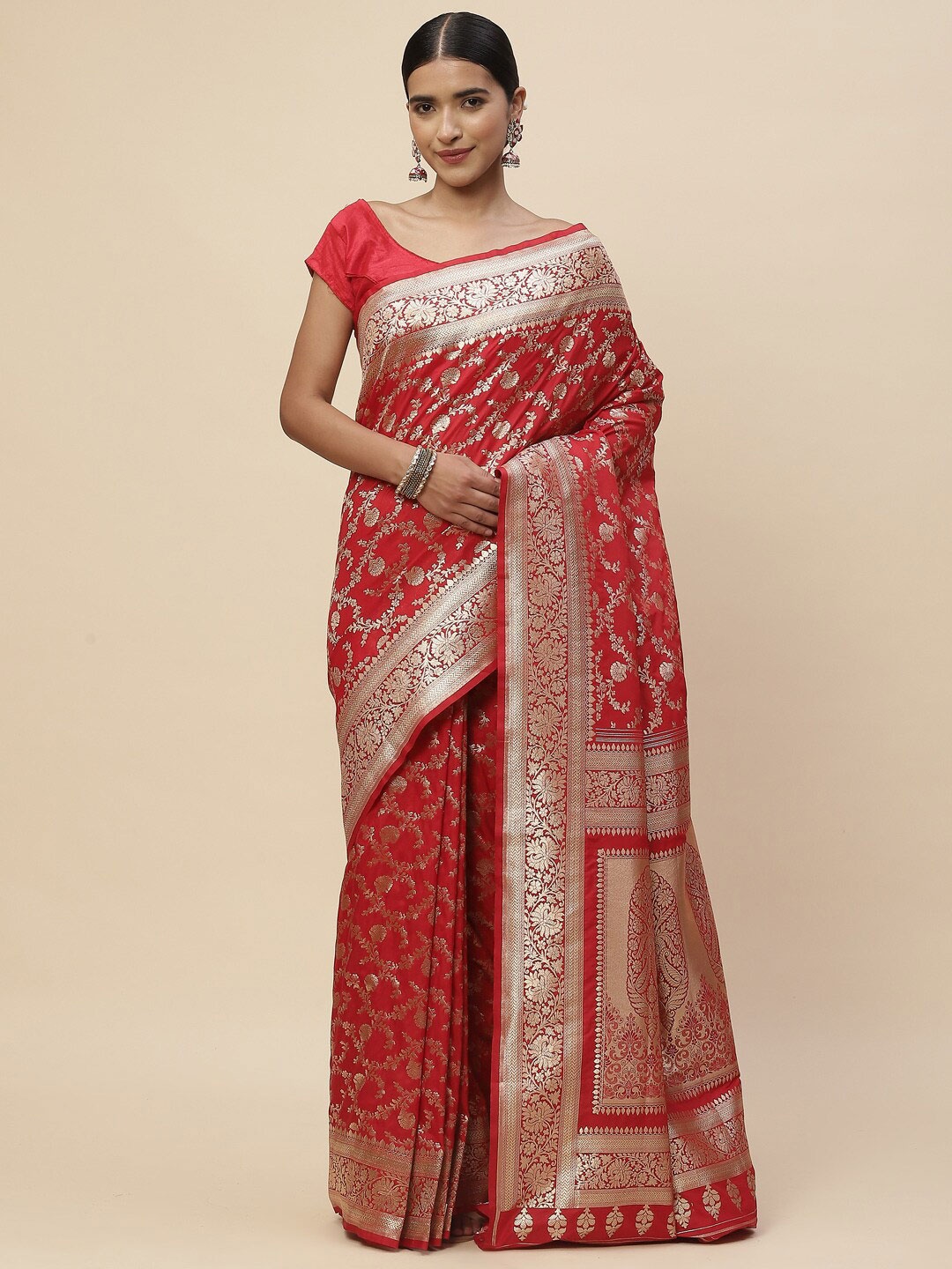

Meena Bazaar Red & Gold-Toned Woven Design Zari Art Silk Banarasi Saree