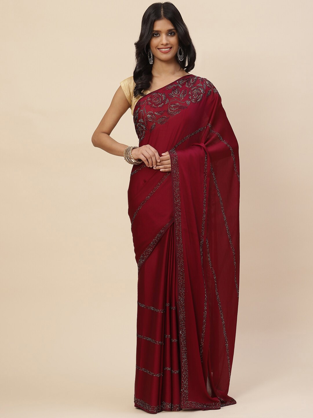 

Meena Bazaar Burgundy & White Embellished Poly Crepe Saree