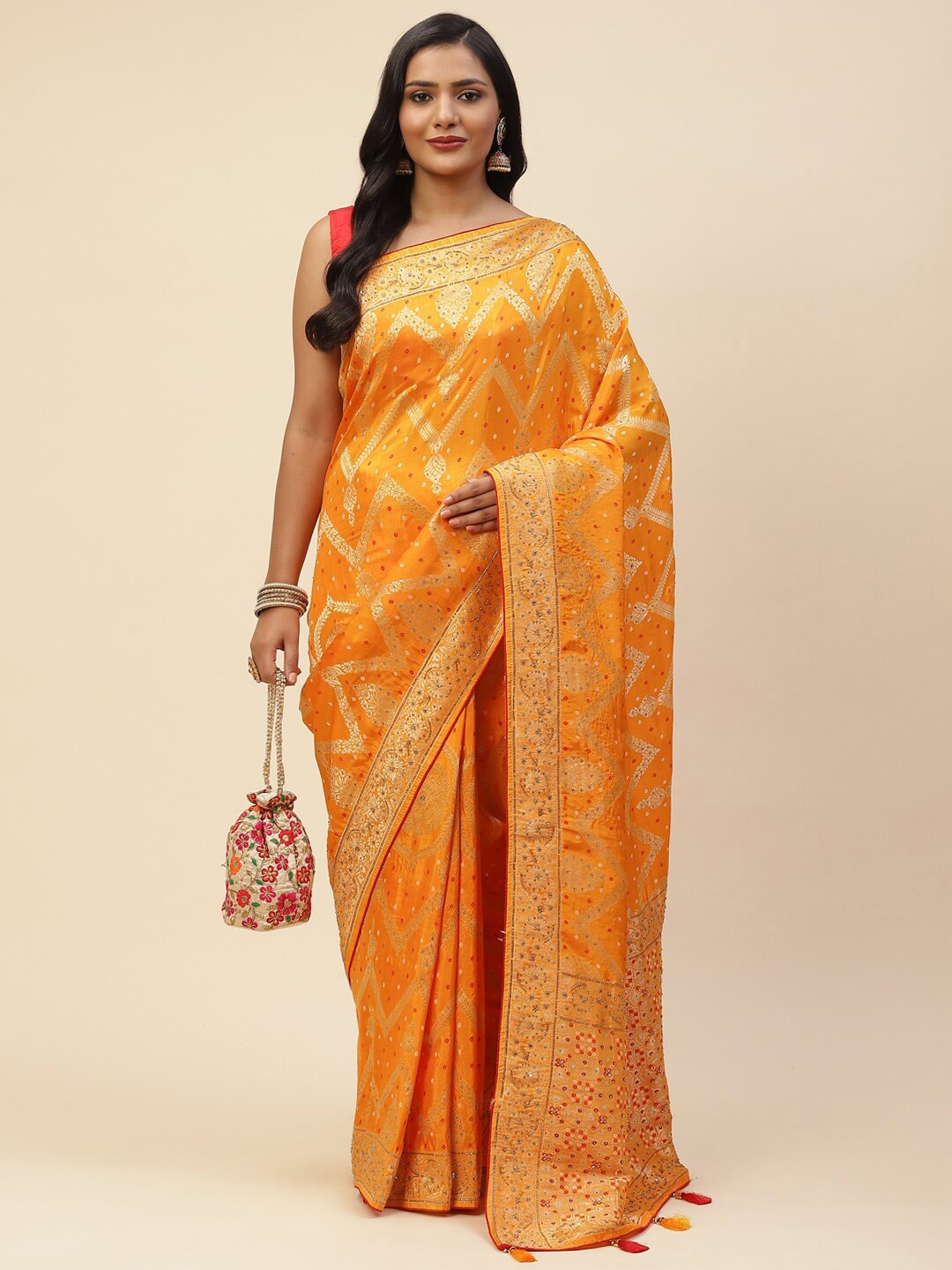 

Meena Bazaar Mustard & Gold-Toned Woven Design Sequinned Art Silk Banarasi Saree