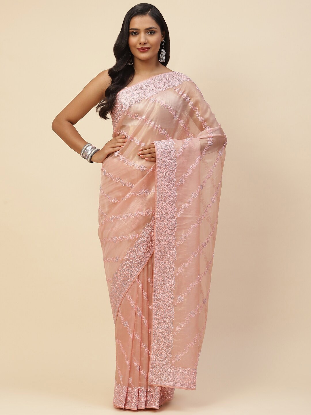 

Meena Bazaar Peach-Coloured & Silver-Toned Embellished Sequinned Art Silk Banarasi Saree