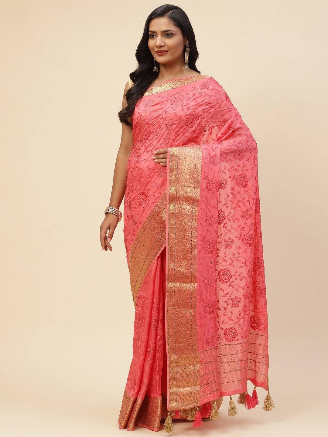 

Meena Bazaar Pink & Gold-Toned Printed Floral Embroidered Art Silk Saree