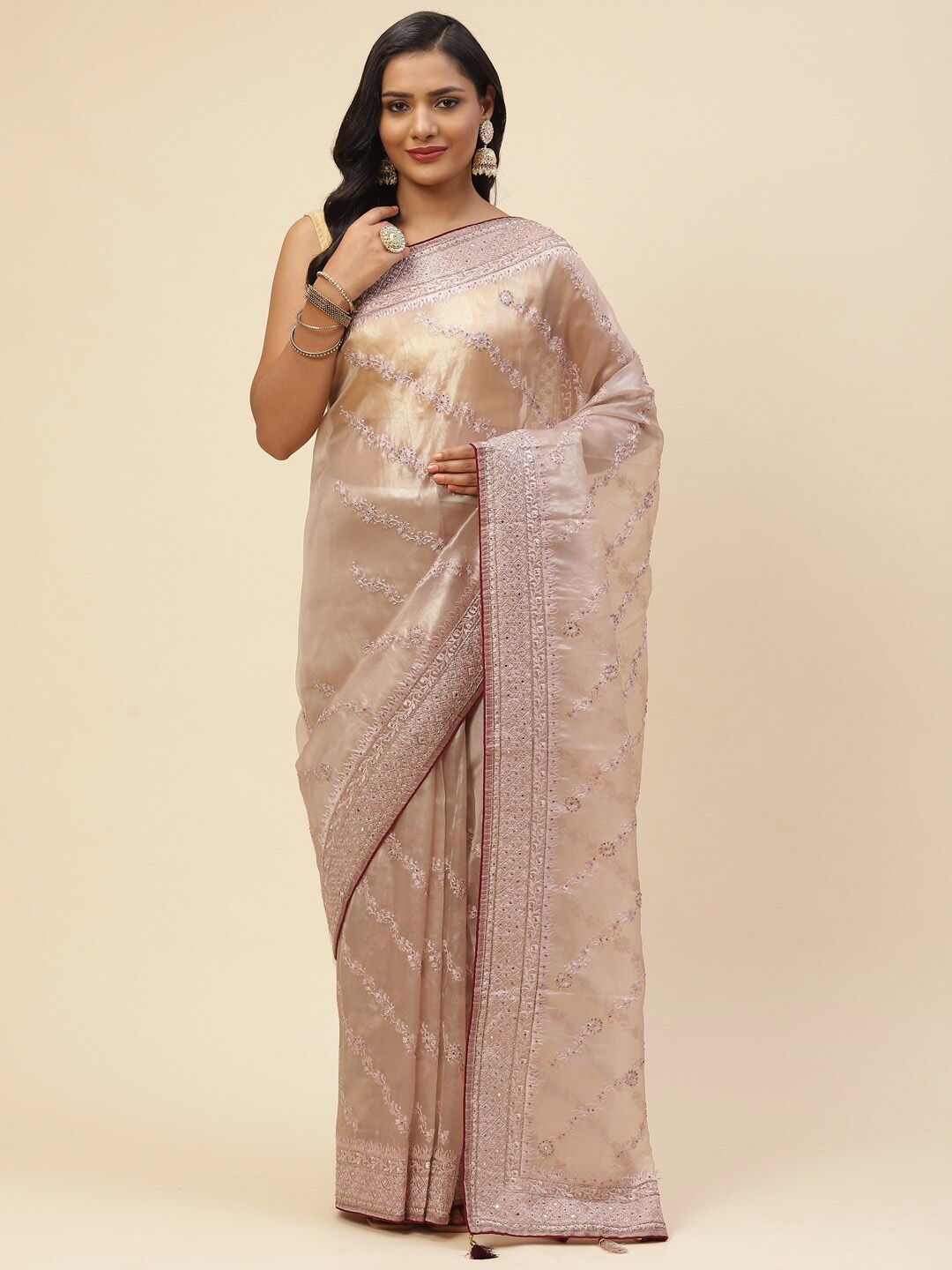 

Meena Bazaar Pink & Gold-Toned Printed Floral Sequinned Organza Saree