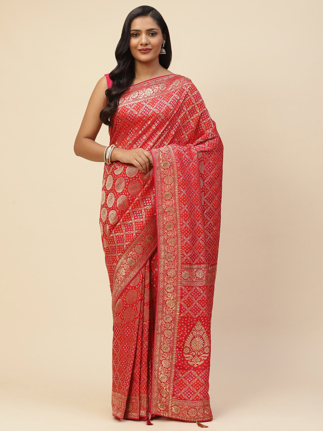 

Meena Bazaar Pink & Gold-Toned Woven Design Sequinned Art Silk Banarasi Saree