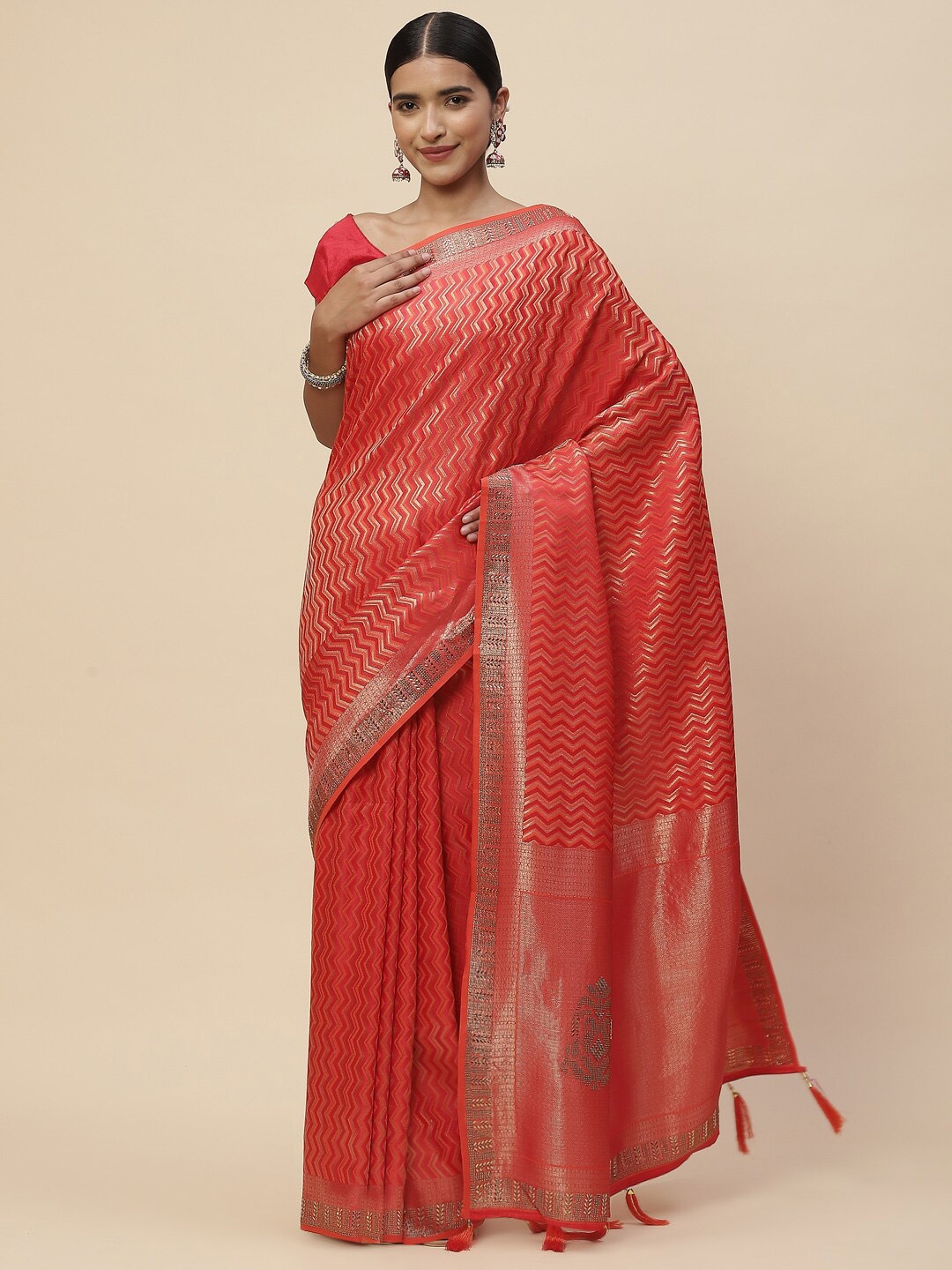 

Meena Bazaar Orange & Gold-Toned Woven Design Zari Art Silk Saree