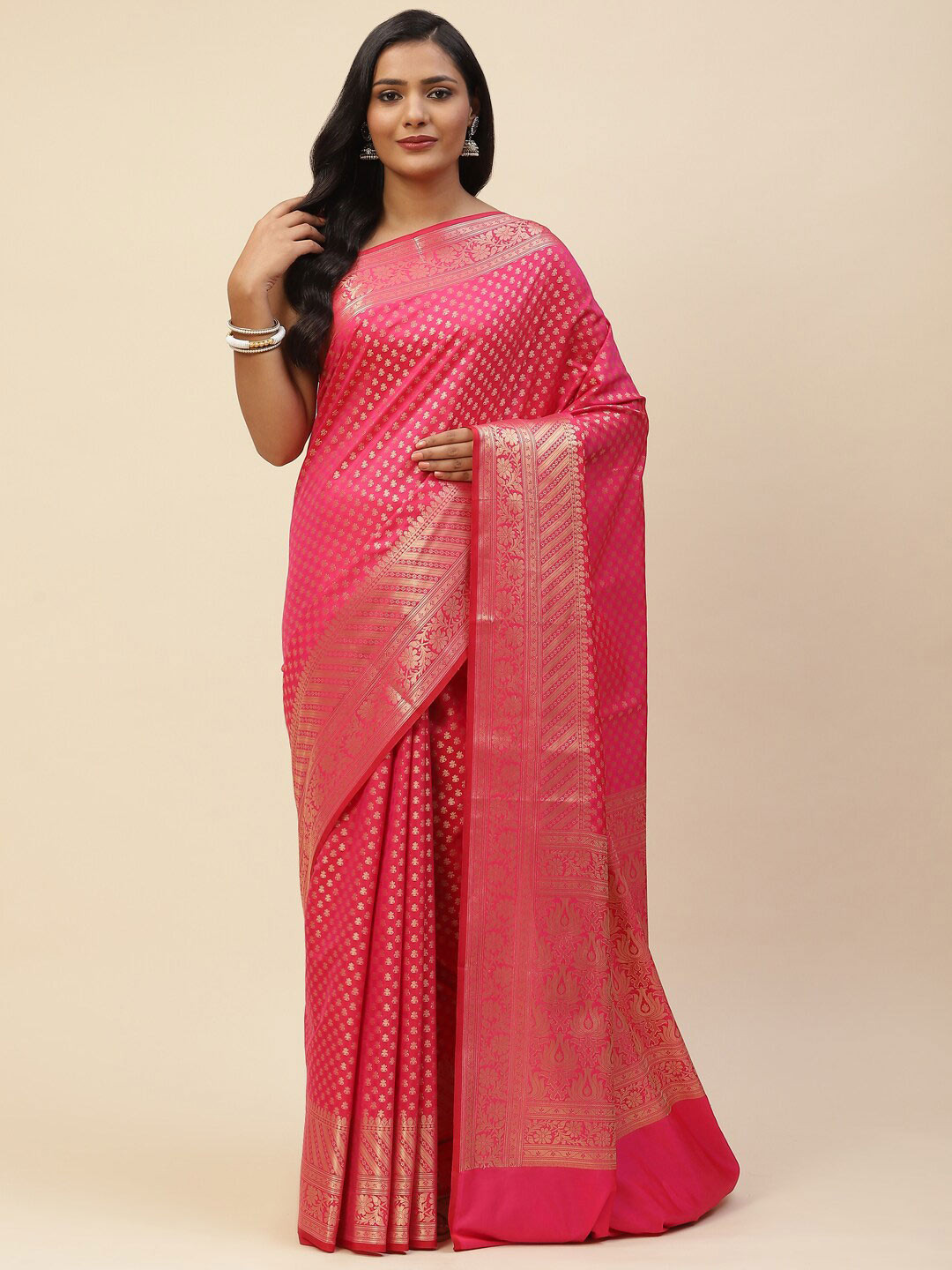 

Meena Bazaar Pink & Gold-Toned Woven Design Zari Pure Cotton Saree