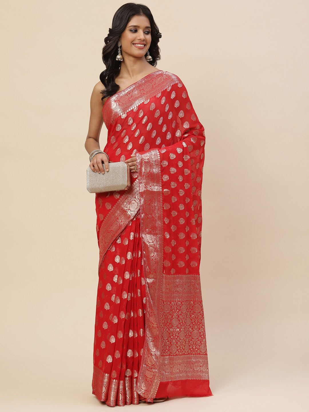 

Meena Bazaar Red & Gold-Toned Woven Design Zari Saree