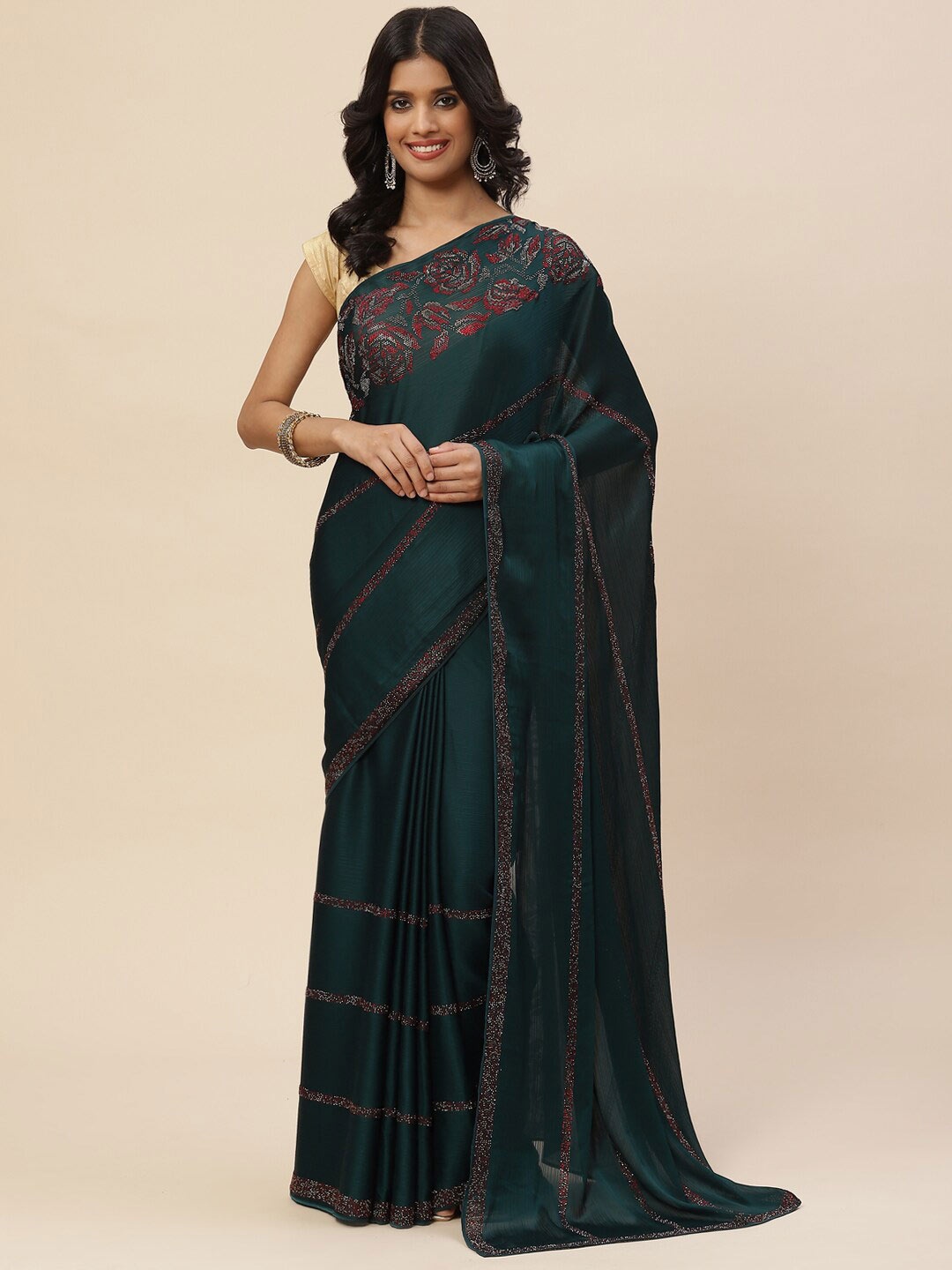 

Meena Bazaar Green & Red Embellished Beads And Stones Saree