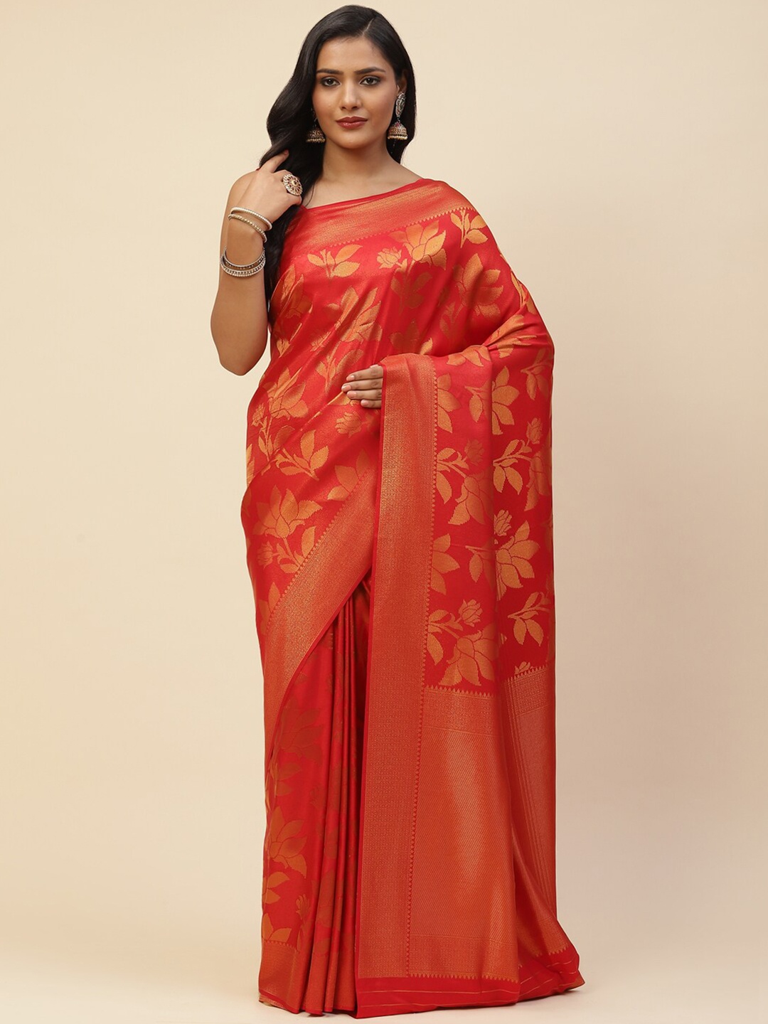 

Meena Bazaar Red & Gold-Toned Woven Design Zari Art Silk Saree