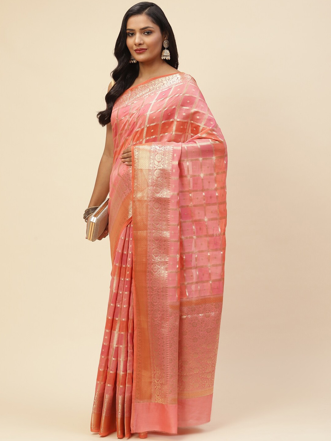 

Meena Bazaar Pink & Gold-Toned Woven Design Zari Pure Cotton Saree