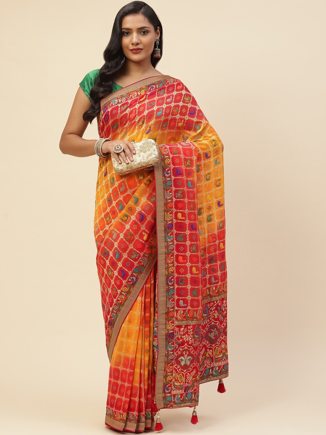 

Meena Bazaar Red & Gold-Toned Woven Design Zari Art Silk Banarasi Saree