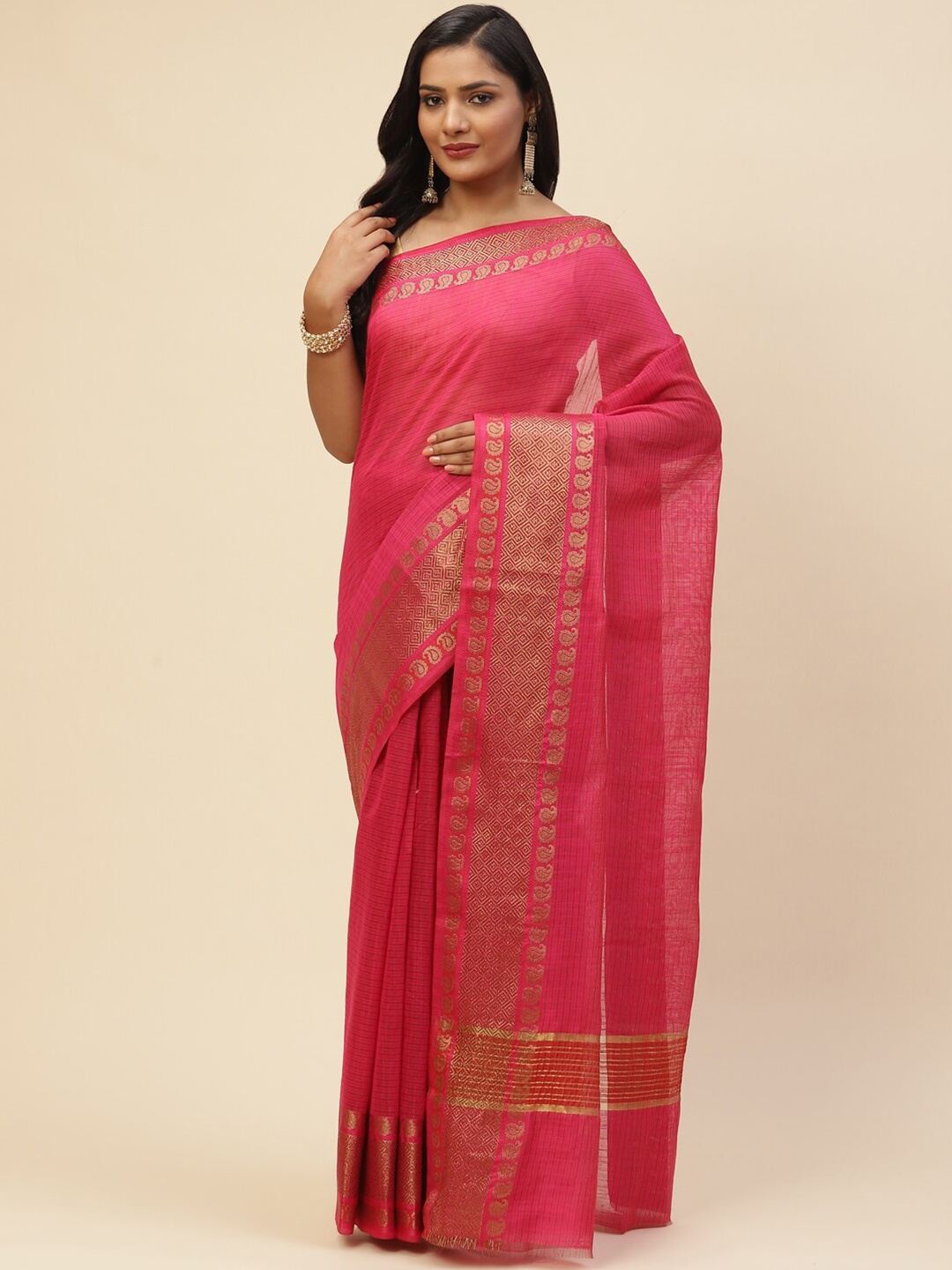 

Meena Bazaar Pink & Gold-Toned Striped Zari Pure Cotton Saree