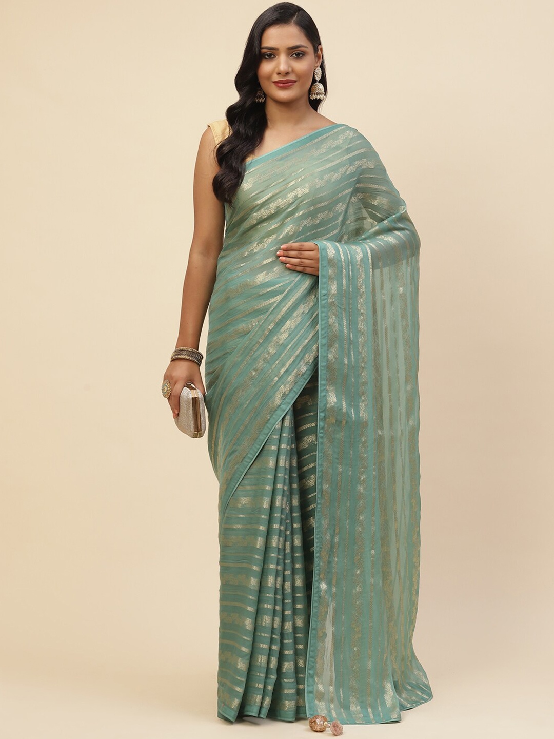 

Meena Bazaar Green & Gold-Toned Woven Design Zari Organza Saree