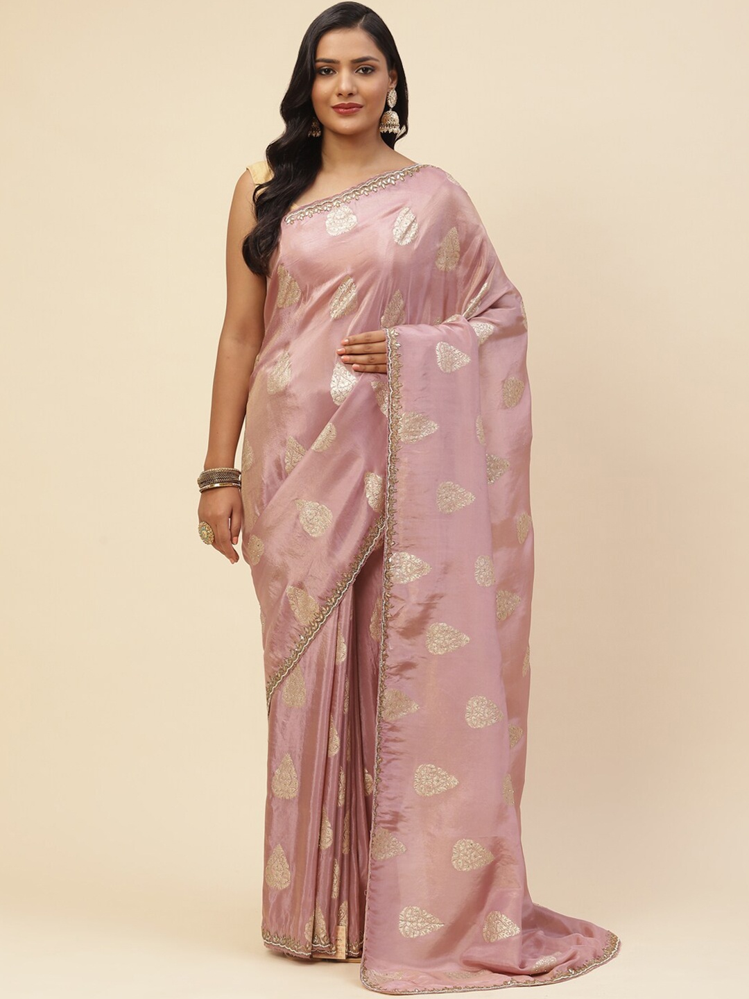 

Meena Bazaar Purple & Gold-Toned Woven Design Beads and Stones Art Silk Banarasi Saree