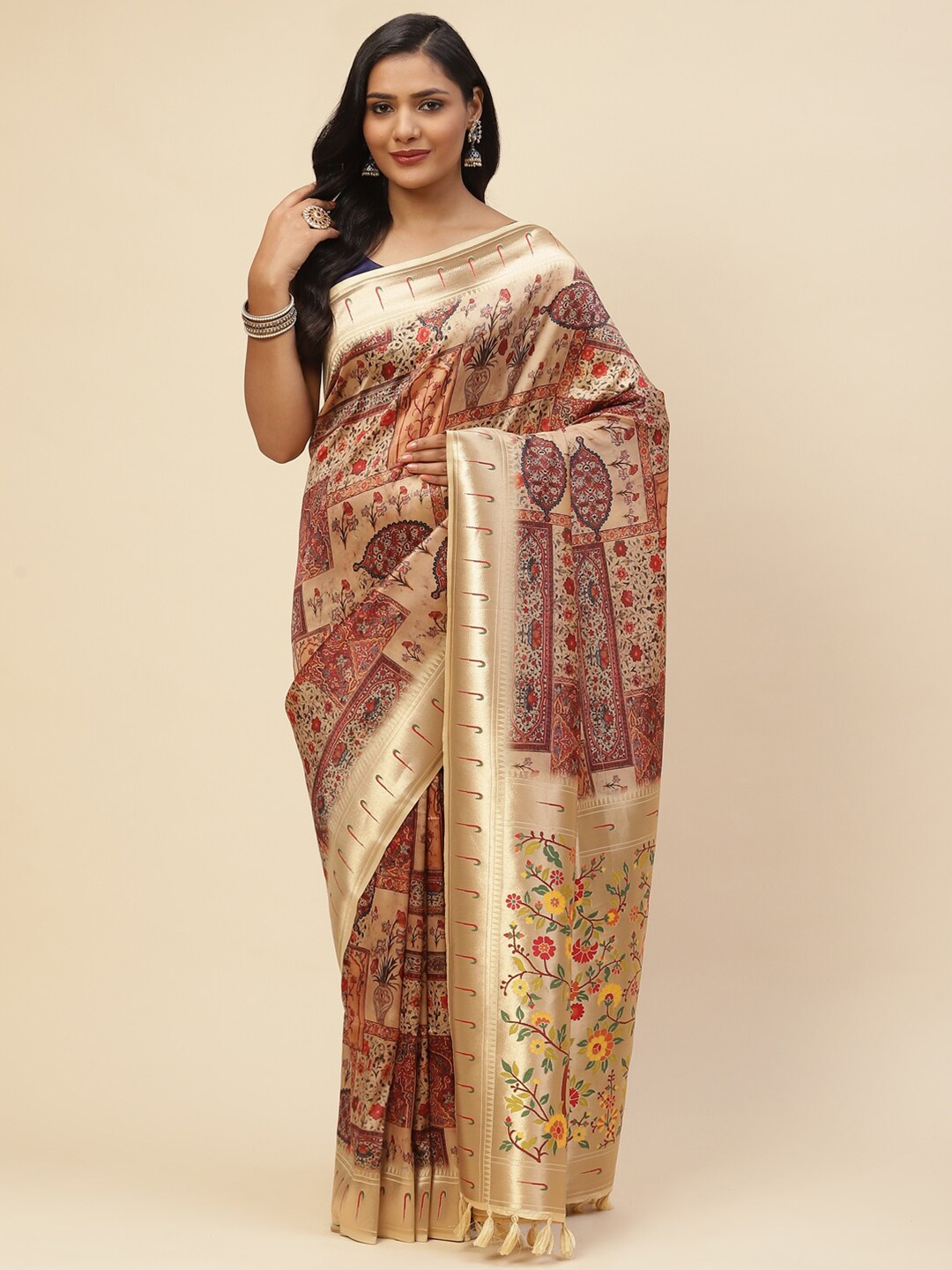 

Meena Bazaar Brown & Yellow Floral Satin Saree