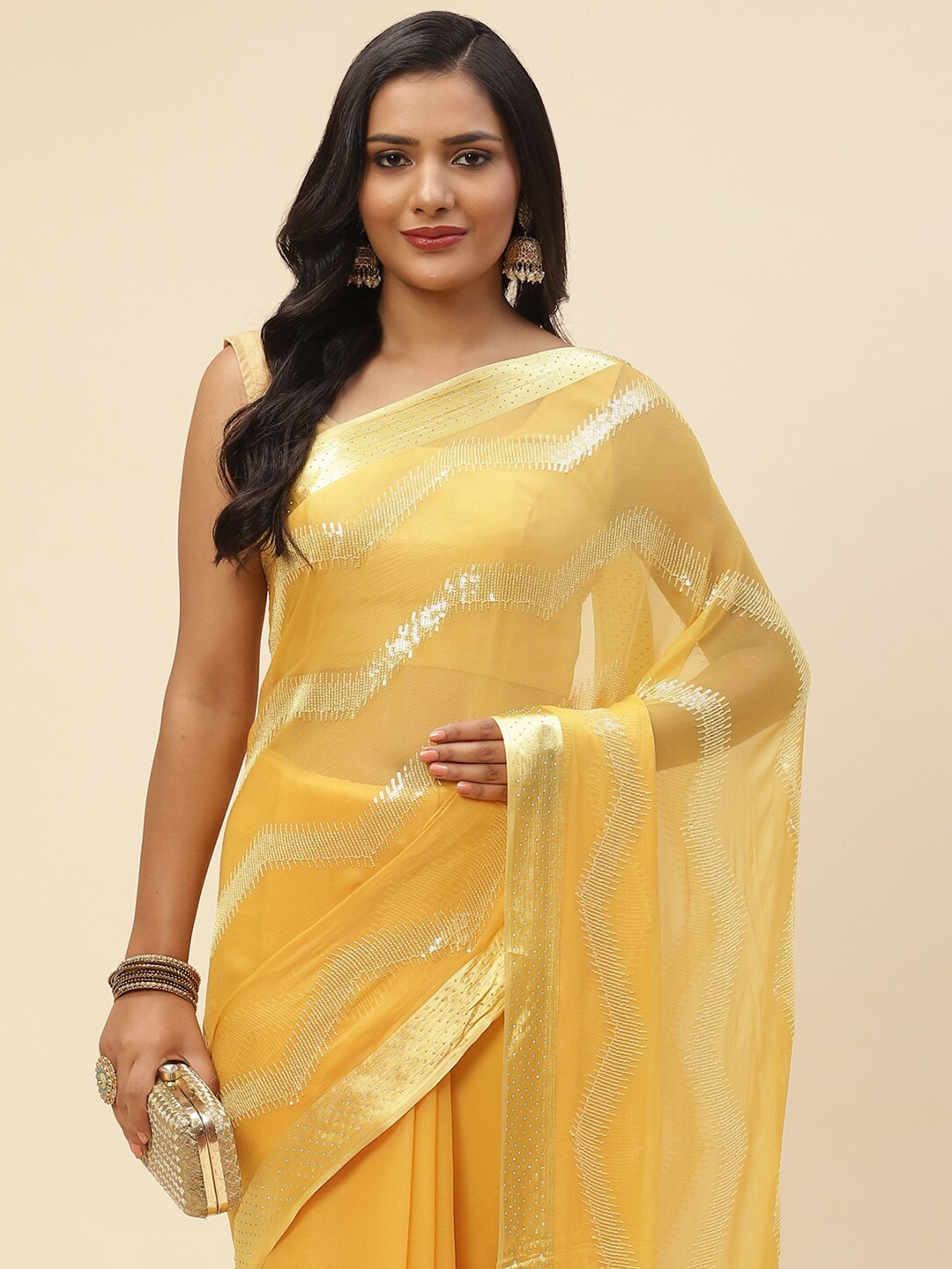 

Meena Bazaar Yellow & White Embellished Sequinned Saree