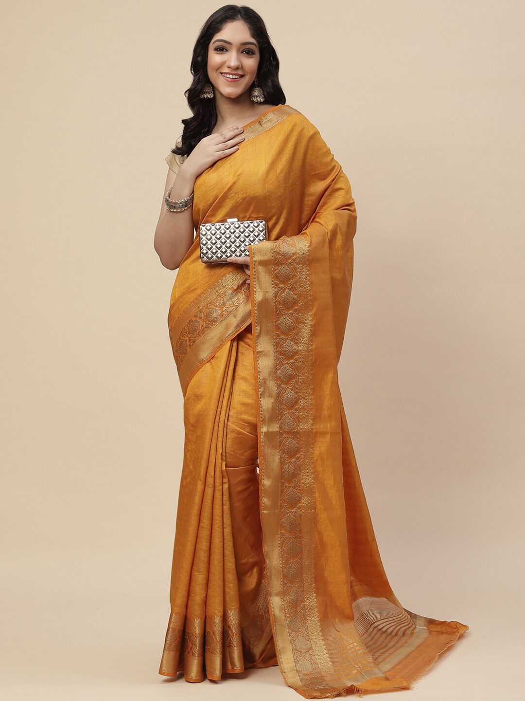 

Meena Bazaar Mustard & Gold-Toned Woven Design Zari Art Silk Saree