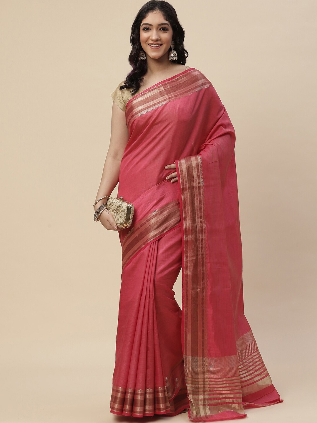 

Meena Bazaar Pink & Gold-Toned Solid Zari Art Silk Saree