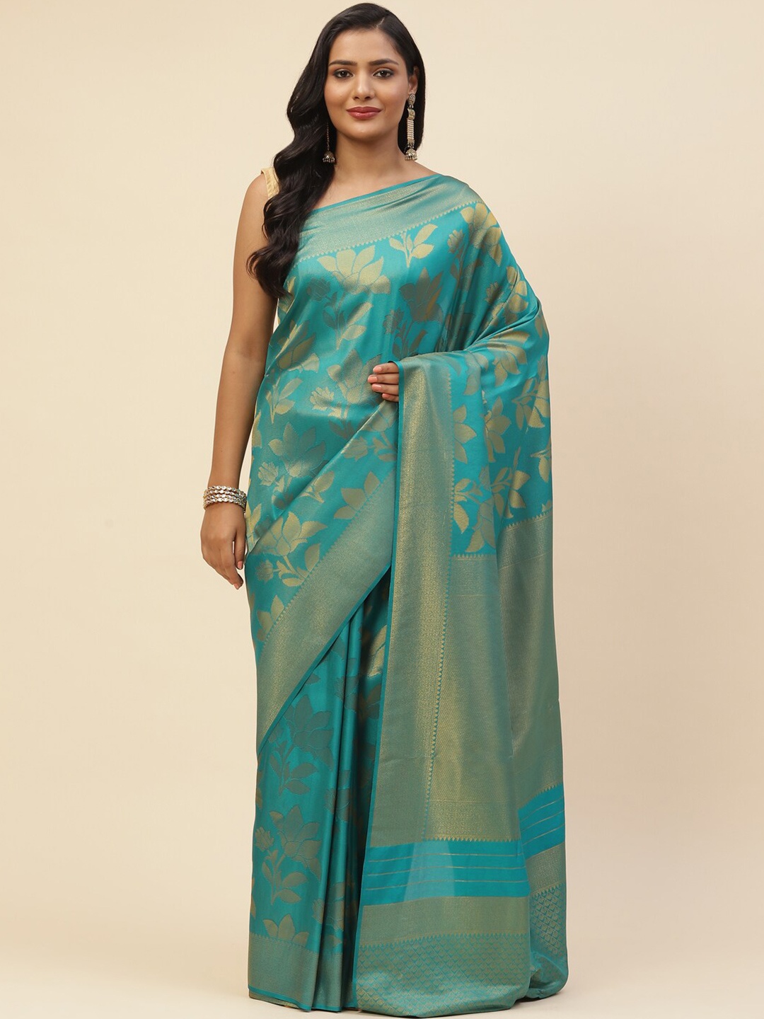 

Meena Bazaar Blue & Gold-Toned Woven Design Zari Art Silk Saree