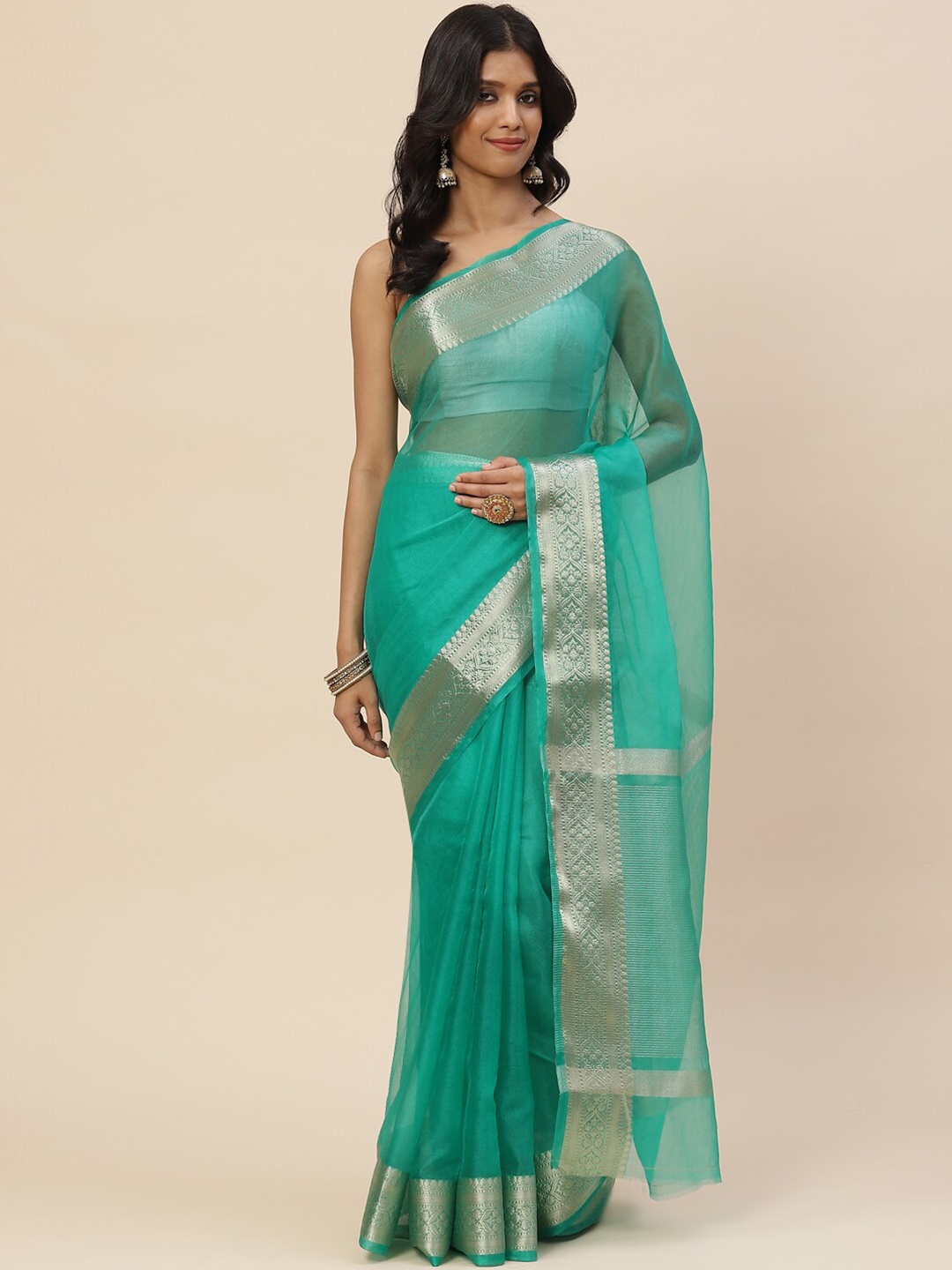 

Meena Bazaar Green & Silver-Toned Zari Organza Saree